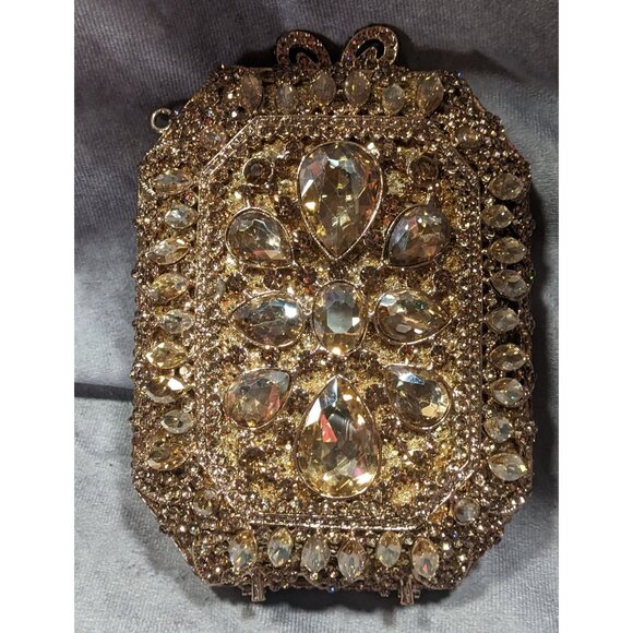 Luxury Rhinestone Encrusted Evening Bag Gold Tone With Removable Chain Strap - Picture 16 of 16